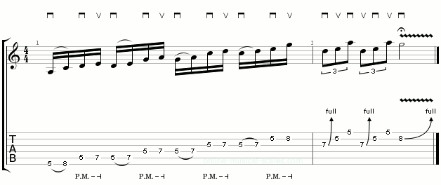 tab for great guitar lick, Mixing hammer on and palm mute technique
